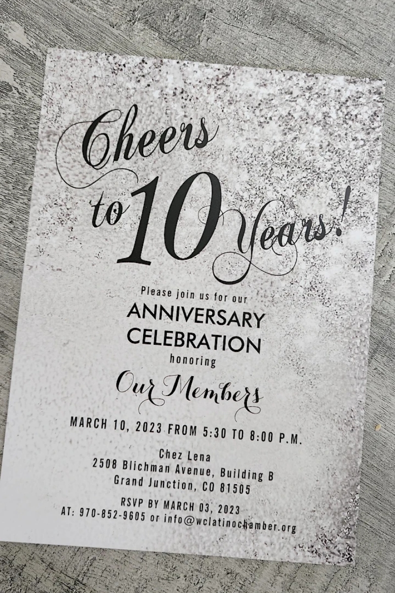 Join us on Friday, March 10th, for our tenth-anniversary celebration. We will enjoy great food, adult beverages, guest speakers, and networking opportunities at Chez Lena Restaurant, located at 2508 Blichmann Avenue in Grand Junction. Tickets are available now at $35 for members and $55 for non-members. RSVP by March 3, 2023.